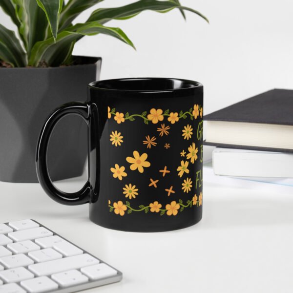 Black glossy motivational mug with “Growth Beats Flawless” quote by Nazia S – empowering drinkware for daily mindset and motivation.